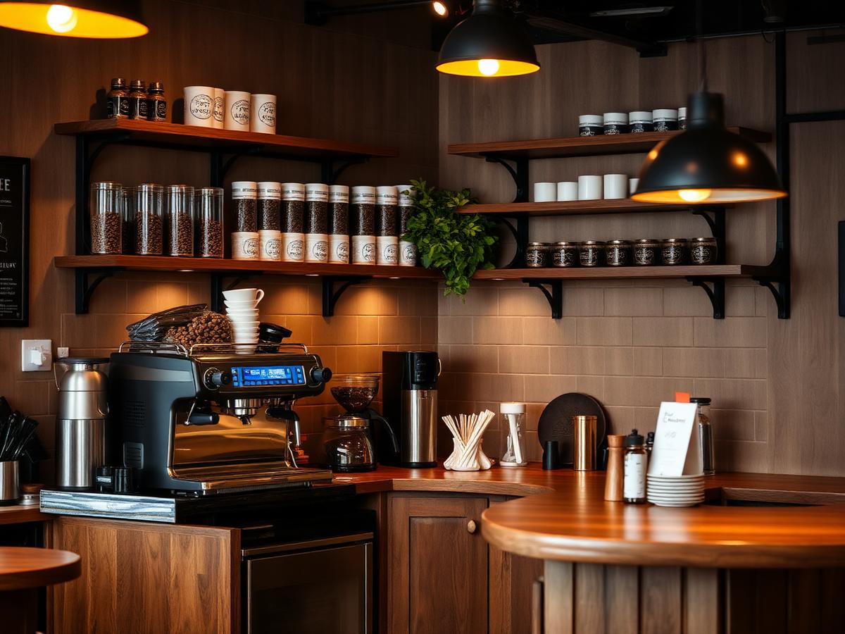 Barový pult s espresso strojem a kávovými zrny